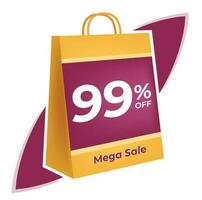 99 percent off. 3D Yellow shopping bag concept in white background. vector