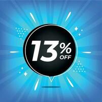 13 percent off. Blue banner with thirteen percent discount on a black balloon for mega big sales. vector