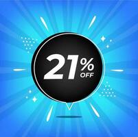 21 percent off. Blue banner with twenty-one percent discount on a black balloon for mega big sales. vector