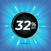 32 percent off. Blue banner with thirty-two percent discount on a black balloon for mega big sales. vector