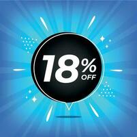 18 percent off. Blue banner with eighteen percent discount on a black balloon for mega big sales. vector