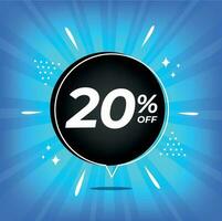 20 percent off. Blue banner with twenty percent discount on a black balloon for mega big sales. vector