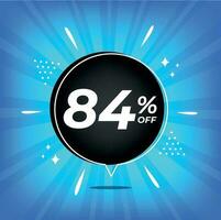 84 percent off. Blue banner with eighty-four percent discount on a black balloon for mega big sales. vector