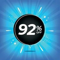 92 percent off. Blue banner with ninety-two percent discount on a black balloon for mega big sales. vector