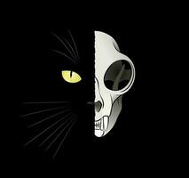 cuántico gato - vivo y muerto. felino cabeza dividido a 'vivo' y 'muerto' mitades. ilustración en el tema de un paradoja en cuántico físico. vector