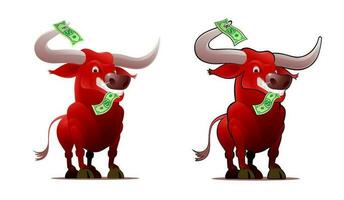 dibujos animados rojo toro como un valores mercado jugador. vector ilustración en un dibujos animados estilo de un rojo toro con dólar cuentas - uno de ellos es apretado Entre su dientes y el otro uno es colgando a su bocina.