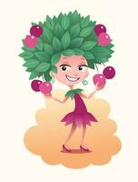 Cereza muchacha. dibujos animados niña con un Cerezo en lugar de un pelo en su cabeza, sonriente y participación frutos de cereza. vector