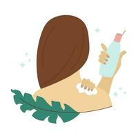 Woman holding lotion bottle and applying eco moisturizing product. Body care concept. Natural skin care cream. Organic self care product. Flat vector illustration of girl back view