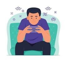 Teenage Boy Sitting on Sofa and Playing Gaming Console Concept Illustration vector