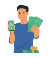 Man Getting Cash Money from Online Money Transfer by Smartphone Concept Illustration vector