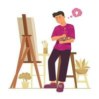 Painter Man Thinking Creative Idea and Painting Color on Canvas vector