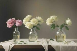 Beautiful white flower on table in transparent glass pot photo