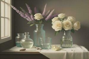 Beautiful white flower on table in transparent glass pot photo