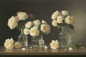 Beautiful white flower on table in transparent glass pot photo