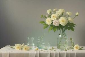 Beautiful white flower on table in transparent glass pot photo