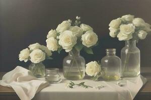 Beautiful white flower on table in transparent glass pot photo