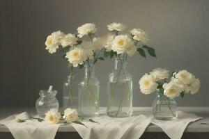 Beautiful white flower on table in transparent glass pot photo