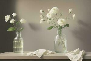 Beautiful white flower on table in transparent glass pot photo