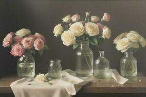 Beautiful white flower on table in transparent glass pot photo