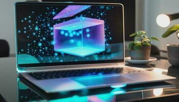 Photo laptop with hologram cube