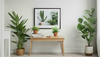 a photo of frame above small table and behind plants
