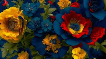 ai generar foto un oscuro azul floral modelo con un amarillo flor y un rojo flor