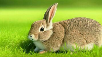 Ai generate rabbit sitting on a grass background. photo