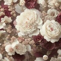 Ai generate Cream Ivory and Burgundy flowers, Leaves, vintage Pastel Cream Background, Smoke Petals, Maximalist, Hyper Detailed, 3D rendered, photo