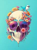 ai generar detallado ilustración un muerto cráneo vistiendo de moda Gafas de sol, camiseta diseño, flores chapoteo, camiseta diseño, en el estilo foto