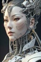 ai generar personaje hoja, complejo 3d hacer ultra detallado de un hermosa porcelana perfil Japón mujer androide rostro, cíborg, robótico foto