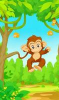 Ai generatec artoon illustration monkey playing in the forest photo