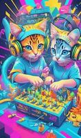 Ai generate photo time bomb, centered, isometric, vector t-shirt art ready to print highly detailed colourful graffiti illustration of Kittens playing with TNT, wearing headphones, face is covered