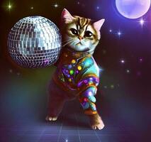 Ai generate photo A-cat-wearing-a-disco-outfit-standing-underneath-a-disco ball, digital art