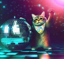 Ai generate photo A-cat-wearing-a-disco-outfit-standing-underneath-a-disco ball, digital art