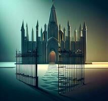 ai generate photo 3d illustration of a Church with a gate in the middle