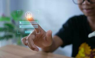 People fingers are pressing on the phone screen. Represents protection against external hacks, code protection security concepts, viruses, firmware and malware. photo