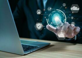 Fingerprint scanning, biometric authentication, cybersecurity and fingerprint password, future technology and cybernetic. technology against digital cyber crime. photo