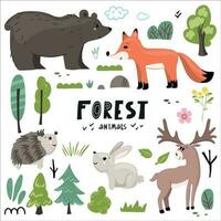 Set of forest animals made in flat style vector. Zoo cartoon collection for children book and posters. Bear, fox, here, hadgehog, deer vector