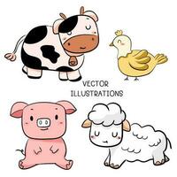 Collection of watercolor Illustration set of Farm Animals vector