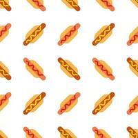 Tasty divine appetizing hot dog with mustard and ketchup fast food seamless pattern. Vector illustration in minimal cartoon flat style isolated on white background. For delivery, vendor, menu card.