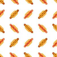 Tasty divine appetizing hot dog with mustard and ketchup fast food seamless pattern. Vector illustration in minimal cartoon flat style isolated on white background. For delivery, vendor, menu card.