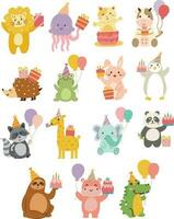 Set Collection Cute Cartoon Animal Birthday Party Illustration vector