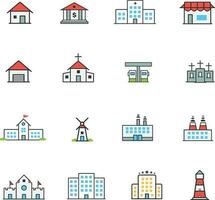 vector línea color edificios icono conjunto