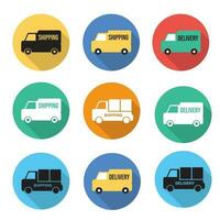 Delivery van and shipping truck vector icon set