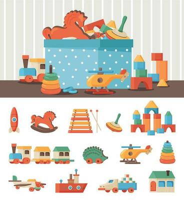 Vintage wooden toys flat color set