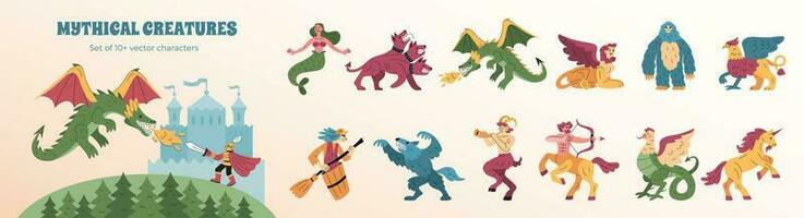 Mythical Creatures Flat Set vector