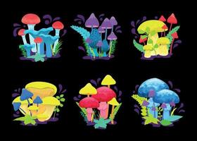 Magic Glowing Mushrooms Set vector