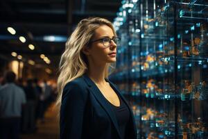 Harnessing the Power of 3D Graphics In a Warehouse, the Female Chief Technology Officer of a Big Data Center Stands, Activating Servers to Initiate the Digitalization of Information. photo