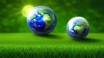 earth on grass, water conservation, energy saving, earth day, environmental protection AI generated photo