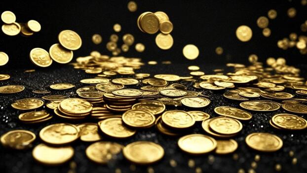 Gold coins with black background, rain of money, wealth, rich concept image of success photo